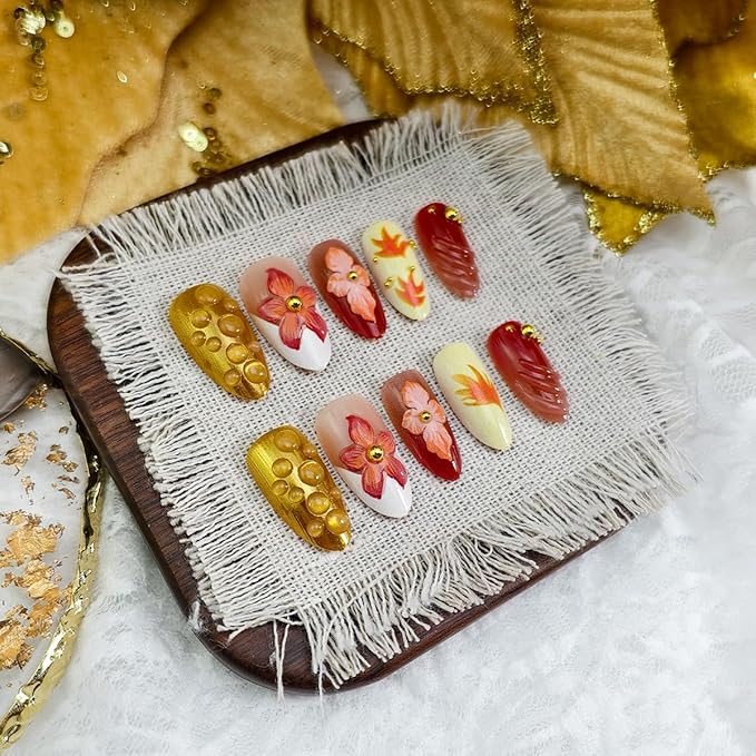 30Pcs Autumn Press on Nails Almond Medium Fake Nail Fall Flower Maple Leaf Acrylic Nails 3D Handmade Gilding French Tip Glue on Nails Rhinestones Beads Full Cover Thanksgiving False Nail for Women