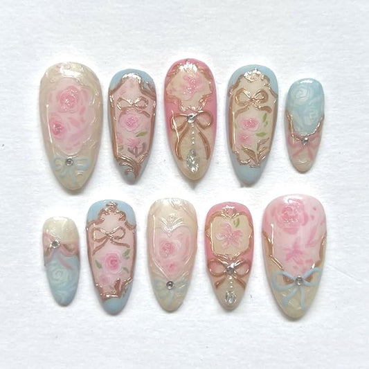 24Pcs Flower Press on Nails Medium Almond Fake Nails Pink Rose Bow Rhinestones with Heart Love Floral Designs Full Cover Reusable Artificial Cute Stick on Nails Handmade False Nails for Women