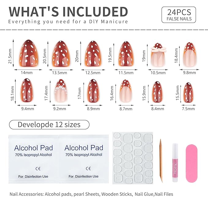 Burnt Sienna Press On Nails Short Almond, cute Fake Nails with 3D Pearl & Bow Embellishments, White Polka Dot Detail, Glossy Gel Finish Acrylic Nails, Natural Reusable Glue On Nails Kit for Women