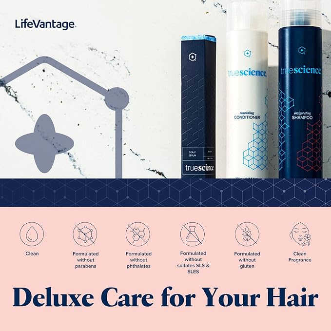 LifeVantage TrueScience Hair Care System Includes TrueScience Nourishing Hair Shampoo 250ml, Conditioner 250ml and Scalp Serum 50ml.