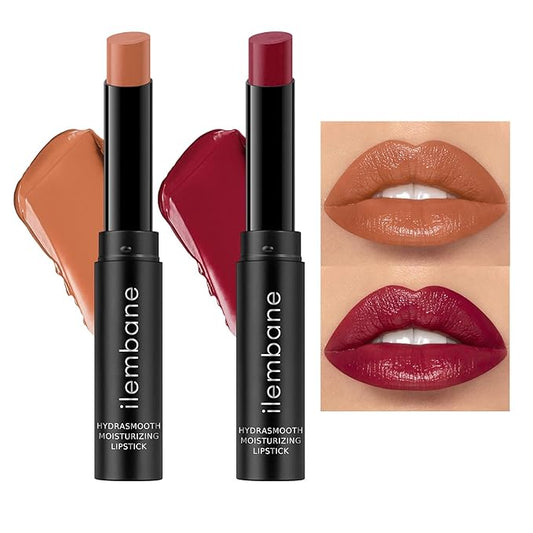 2-Pack Moisturizing Plum Red & Nude Brown Lipstick Set – Hydrating Creamy Lip Color for Dry, Cracked Lips, Weightless Glossy Lip Balm with Vitamin E, Long Lasting Vegan Lipstick