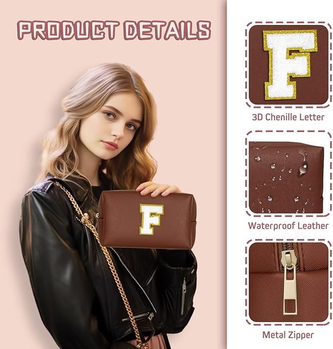 TOPEAST Preppy Bag, Monogrammed Makeup Bags with Zipper, Cute Makeup Pouch, Initial Birthday Gifts Bag for Daughter Friends Sister, Preppy Things for Girls (Brown H)