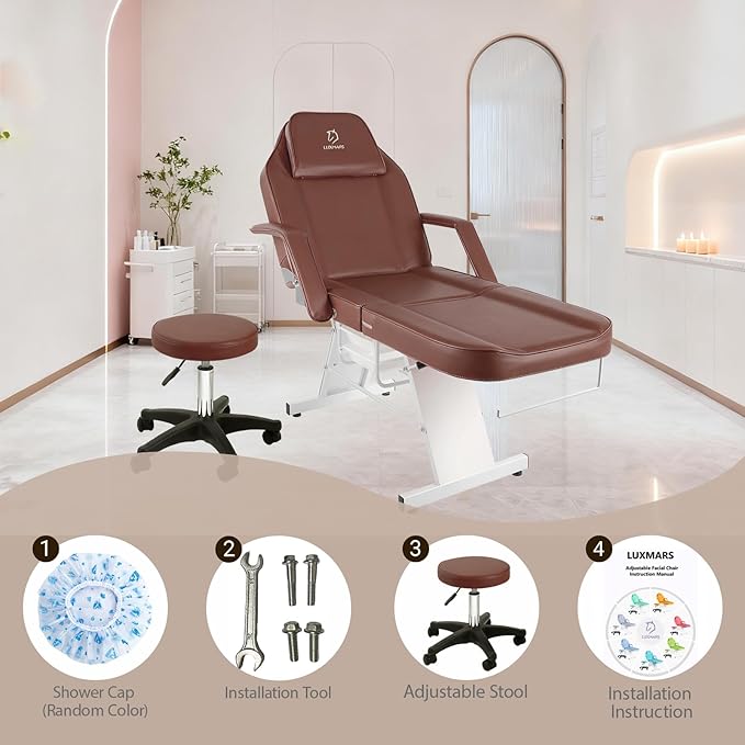 Facial Chair,73 inch Tattoo Chair for Client,3-Section Adjustable Massage Table with Hydraulic Stool, Multipurpose Beauty Beds Salon Equipment for Esthetician, Tattooshop, Spa (Brown)