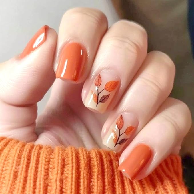 Fall Leaf Press on Nails Medium Square Glossy Orange Acrylic Fake Nails Thanksgiving Maple Leaves False Nails Gel Glue on Nail Full Cover Stick on Nail DIY Manicure for Women 24Pcs