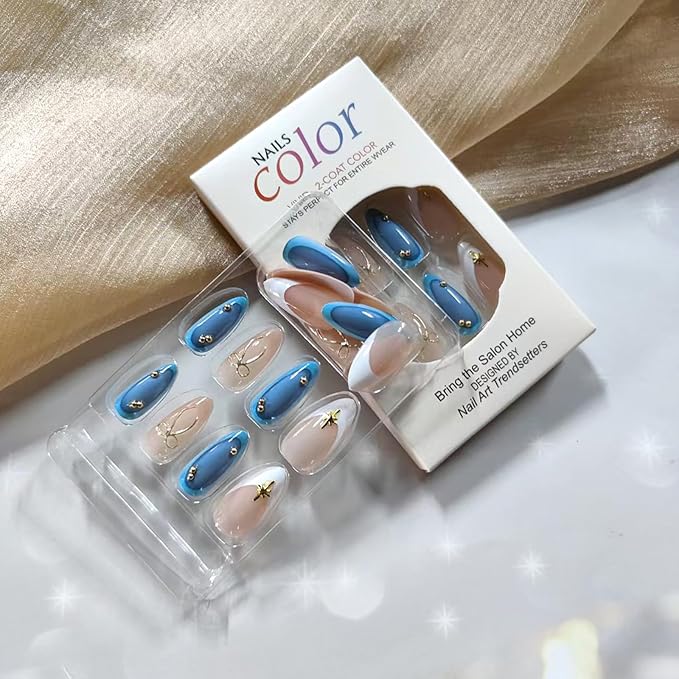 White French Tip Press on Nails Medium Almond Fake Nails with 3D Gold Bow Star Designs Blue Acrylic False Nails Glue on Nails Full Cover Stick on Nail for Women Quick Manicure Kit 24Pcs