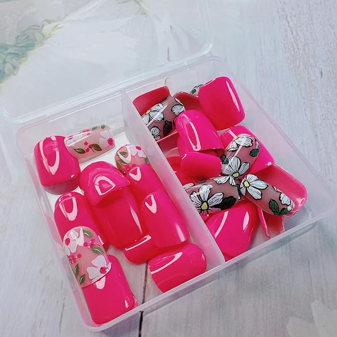 48Pcs Flowers Press on Nails Short Spring Fake Nails Kit with Cute Floral Designs Glossy Pink Full Cover French Nails Press ons Square Shape Flower Stick on Nails Acrylic Nails for Women Daily Wear