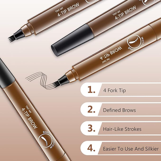 2Pcs Magic Microblading Eyebrow Pencil, 4-Tip Brow Pencil with Micro-Fork Tip, 3D Waterproof Microblading Eyebrow Pen, Eyebrow Tattoo Pen for Natural Makeup (Light Brown)