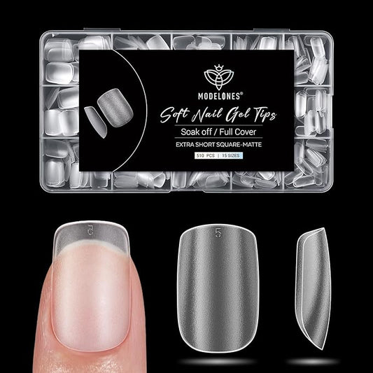 modelones Extra Short Square Fake Nail Tips - 510Pcs Full Matte Gel Tips Pre-shaped Full Cover Clear Acrylic Gel Kit False Press on Nails for Extension DIY Salon 15Sizes