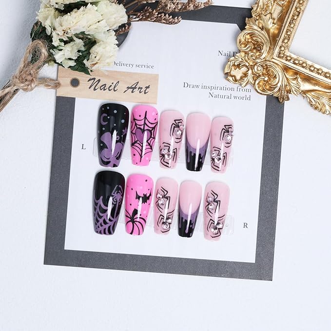 24Pcs Halloween Press on Nails Medium Square Fake Nails with Spiders Rhinestone Design French Tip Glue on Nails Cute Ghost False Nails Full Cover Pink Black Gothic Halloween Acrylic Nails for Women
