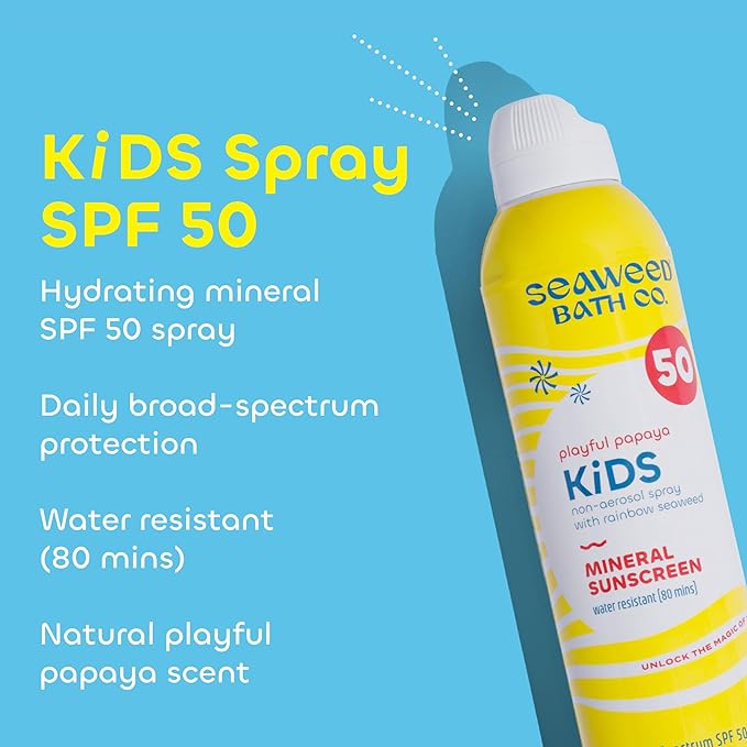 Seaweed Bath Co. Kid's Mineral SPF 50 Broad Spectrum Sunscreen Spray, 6 Ounce (Pack of 2), Papaya Scented, Water Resistant, Tear Free, Sensitive Formula, with Zinc Oxide, Rainbow Seaweed, Watermelon