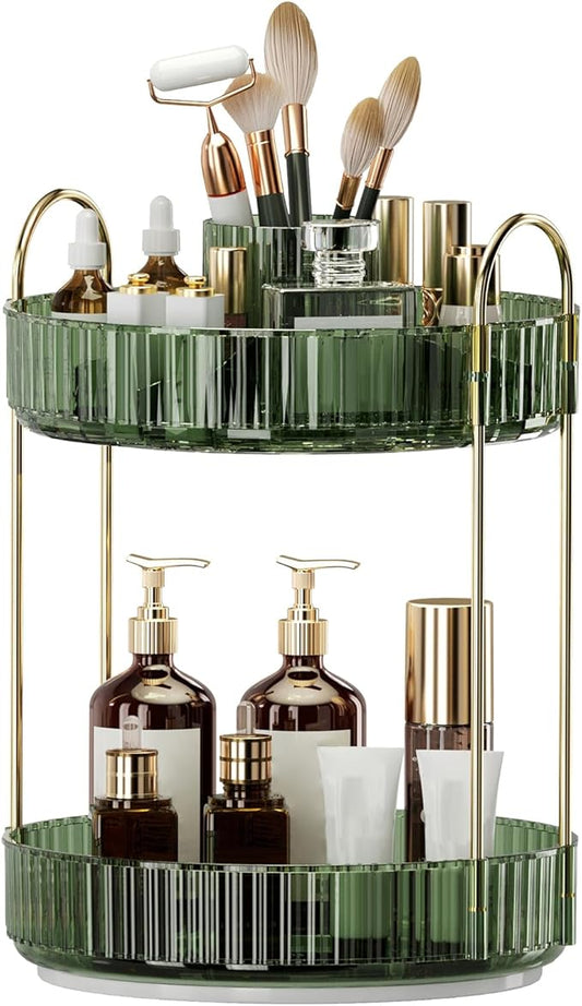 360° Rotating Makeup Organizer, Large-Capacity Skincare Make Up Storage 2 Tier Perfume Organizers Cosmetic Dresser Organizer with Makeup Brush Holder, Fits Bedroom, Bathroom, Vanity Shelf Countertop