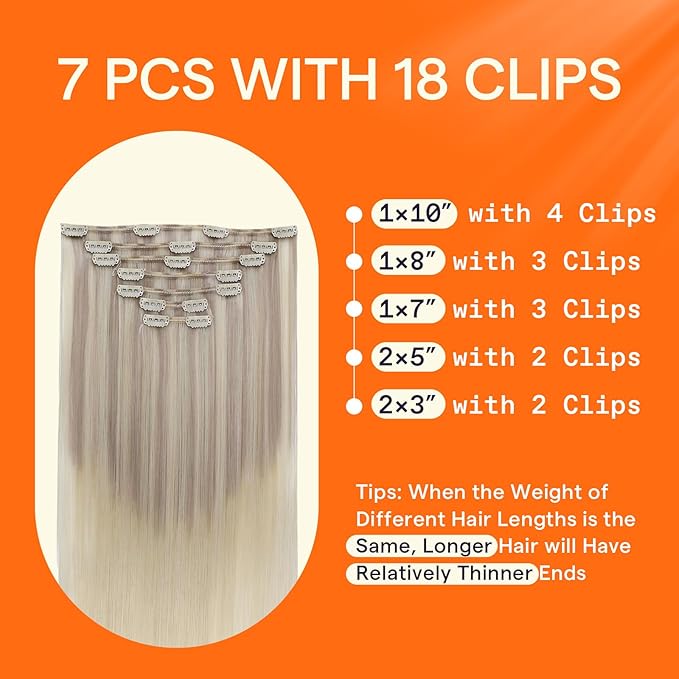 Full Shine Clip in Hair Extensions Real Human Hair Ash Blonde Highlights Platinum Blonde Natural Hair Clip in Extensions Double Weft Soft Straight Remy Brazilian Hair 7 Pcs 20 Inch