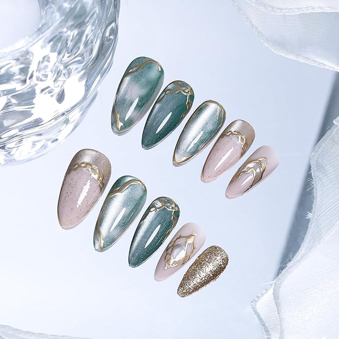 Almond Press on Nails Medium Fake Nails Green False Nail with Gold Glitter Design Handmade Artificial Acrylic Nail Press ons Reusable Almond Nails Glue on Nail for Women Girls 24Pcs