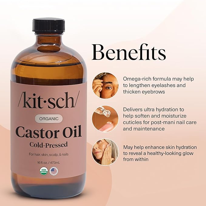 Kitsch Organic Castor Oil for Hair Growth - 100% Pure Castor Oil, Organic Cold Pressed Unrefined Glass Bottle for Face, Skin, Lashes, Brows, Scalp, Nails & Belly Button - Hexane Free, USDA - 16 oz