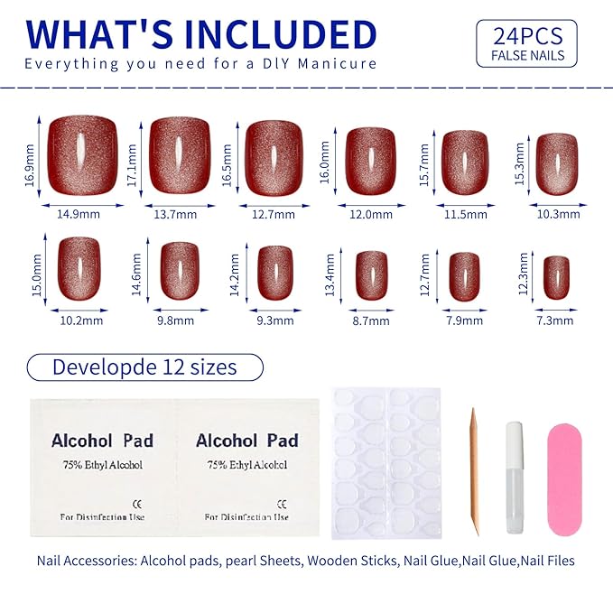 Short Square Press On Nails, Red Cat Eye Press on Nails Fashionable Gel False Nails Reusable Acrylic False Nails Women's Glitter Nails Glue Patch Nails Set, Red Water Gloss White, 24Pcs