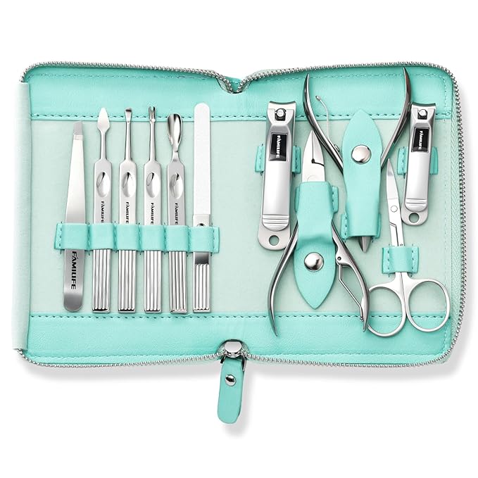 FAMILIFE Manicure Kit for Women, Professional Manicure Set Nail Clippers Set 11 in 1 Stainless Steel Pedicure Tools Nail Kit Men Grooming Tool with Portable Green Travel Case for Home, Travel