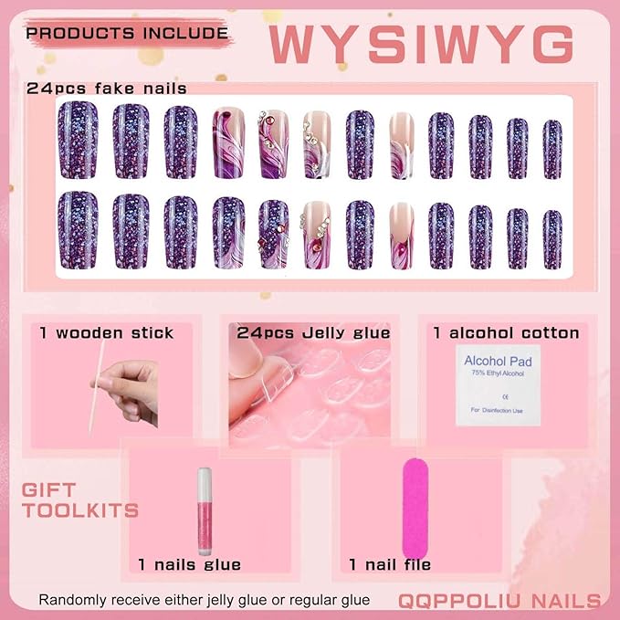 Long Fake Nails Square Press on Nails Coffin Shape Artificial Nails with Design Full Cover Nails for Women and Girls