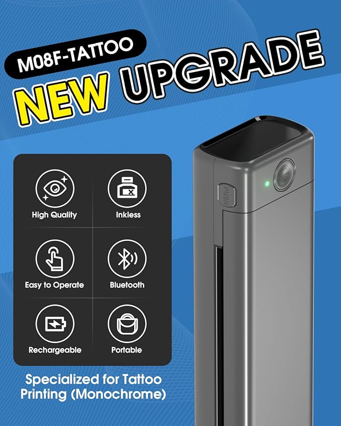 Phomemo M08F Bluetooth Tattoo Stencil Printer, Thermal Tattoo Machine with 10pcs Transfer Paper, Portable Wireless Stencil Printer for Tattooing, Compatible with Smartphone & PC, Grey