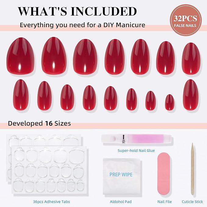 Press on Nails, Short Red Press on Nails Almond Reusable Glossy Red Nails Soft Gel False Nails Press ons for Women, 16 Sizes 32 Count Nails Kit with Glue (SV-03)