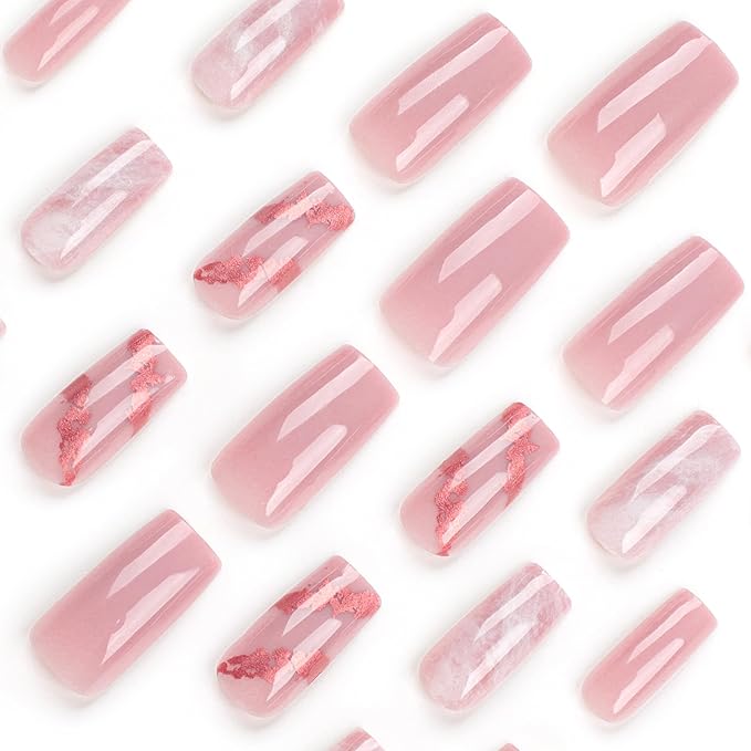 Press on Nails Medium Square Fake Nails Pink Marble Acrylic Nails with Gold Foil Design Glossy Acrylic False Nails Full Cover Glue on Nails for Women Girls 24 Pcs