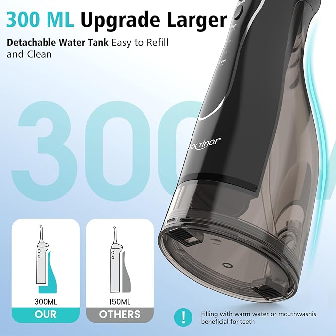 Leominor Water Flosser Pick for Teeth, 300ML Portable Oral Irrigator Upgraded Tank Removable,IPX7 Waterproof, Rechargeable Travel Teeth Cleaner, Professional Electric Flossing Machine (Black)