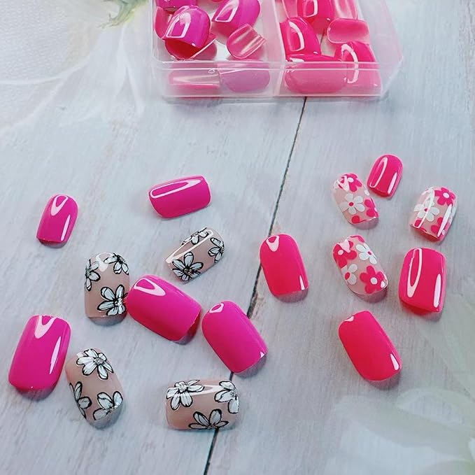 48Pcs Flower Press on Nails Kit - Short Square Fake Nails with Cute Multi-Color Floral Designs Glossy Solid Color False Nails Spring Press ons Flower Stick on Nails Summer Decor for Women Daily Wear