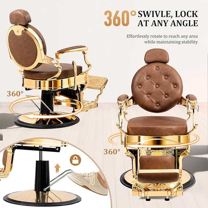 OmySalon Retro Barber Chair Heavy Duty, Aluminum Alloy Frame, Adjustable Headrest, Extra Wide Footrest, Hydraulic Salon Chair for Hair Stylist Reclining All Purpose for Beauty Spa Shampoo, Brown Gold