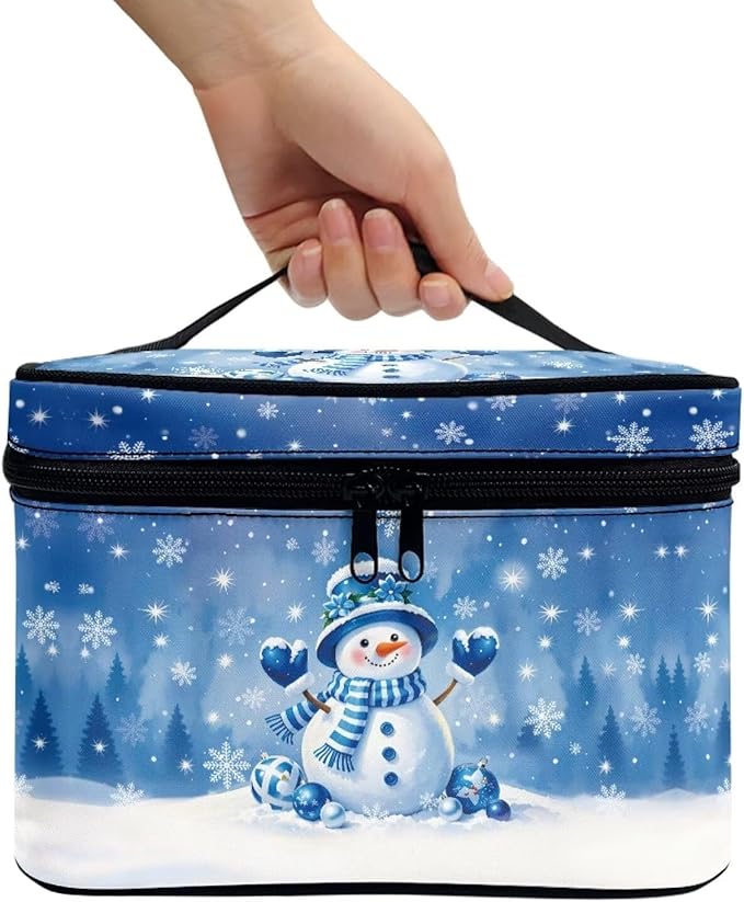 Cute Snowman Travel Makeup Bags for Women Snowflake Print Portable Tote Cosmetic Case with Carry Handle Toiletry Accessories Storage Organizer Bags for Christmas, Blue