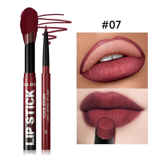 COOL STORY 2 Piece Lip Liner and Lipstick Set, Long Lasting Formula, Professional Makeup Kit (07)