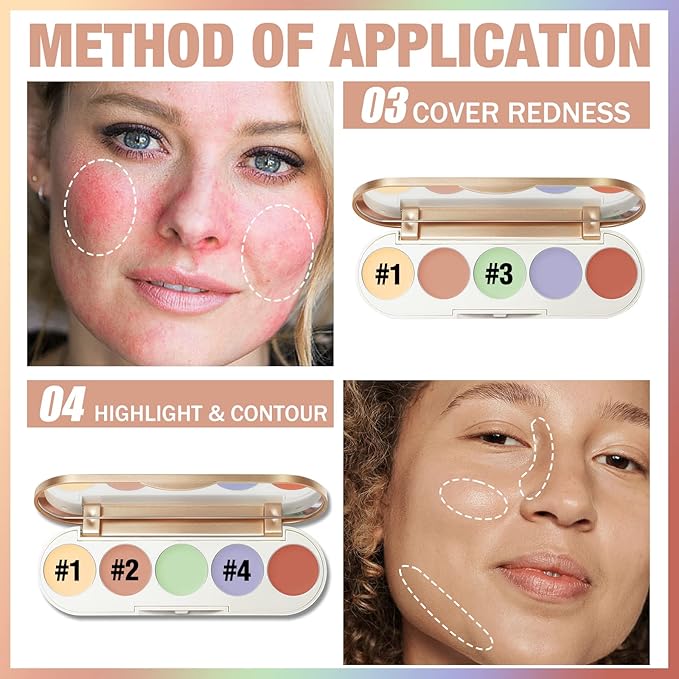 FOCALLURE #GoldenAge 5 in 1 Multi Uses Concealer Palette, 5 Colors Correcting Conceal Palette, Camouflage Contour Palettes for Dark Circles, Face Contouring Highlighter Pallet, CC02 COLOUR CORRECTING