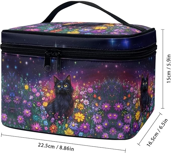 Black Cat Colorful Daisy Flower Print Travel Makeup Bags for Women Portable Tote Cosmetic Case with Carry Handle Toiletry Accessories Storage Organizer Bags