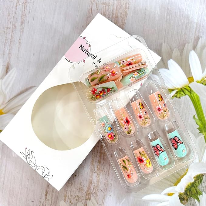 24Pcs Flower Press on Nails Medium Ballet Shaped Butterfly False Nail Colorful Floral Pattern Design Full Cover Artificial Stick on Nail Press Ons with Blossom Glossy Acrylic Glue on Nails for Women