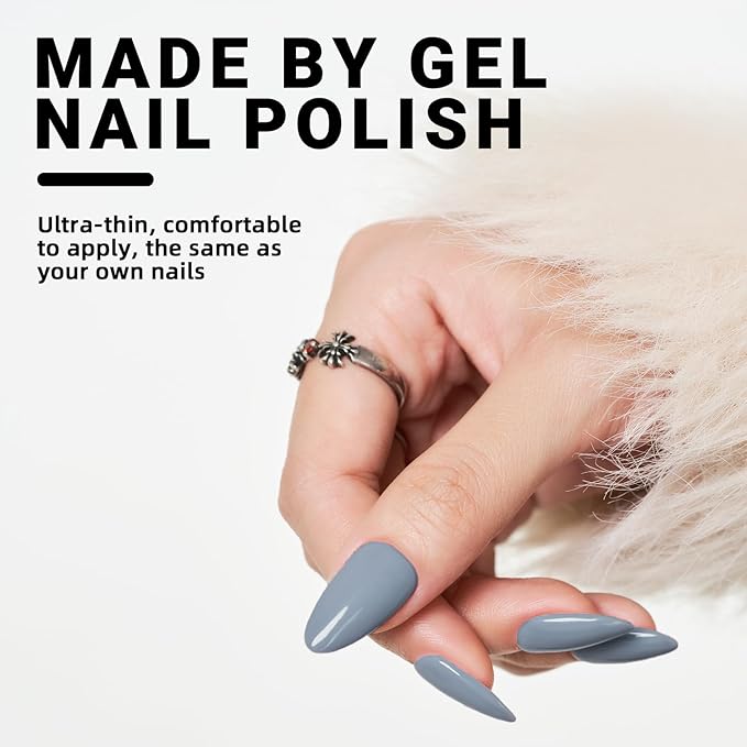 Grey Press On Nails Almond Shape, WOOYAS Glossy Fake Nails Press-ons Kit, Handmade Glue On Nails Medium Length Reusable Soft Gel False Nails Almond Stick On Nails for Women Girls, Dark Grey Blue