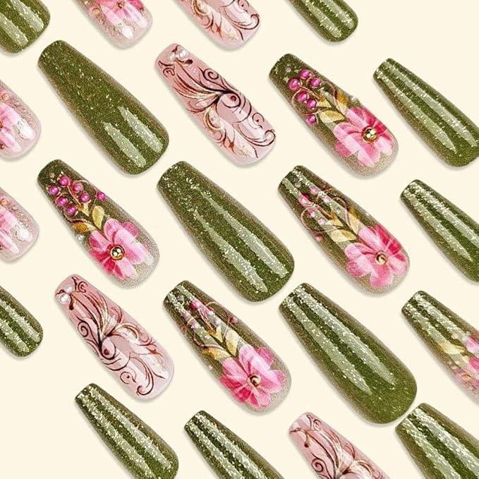 Long Press on Nails Coffin Fake Nails with Flower Design Acrylic Nails Glitter Glue on Nails for Women 24pcs