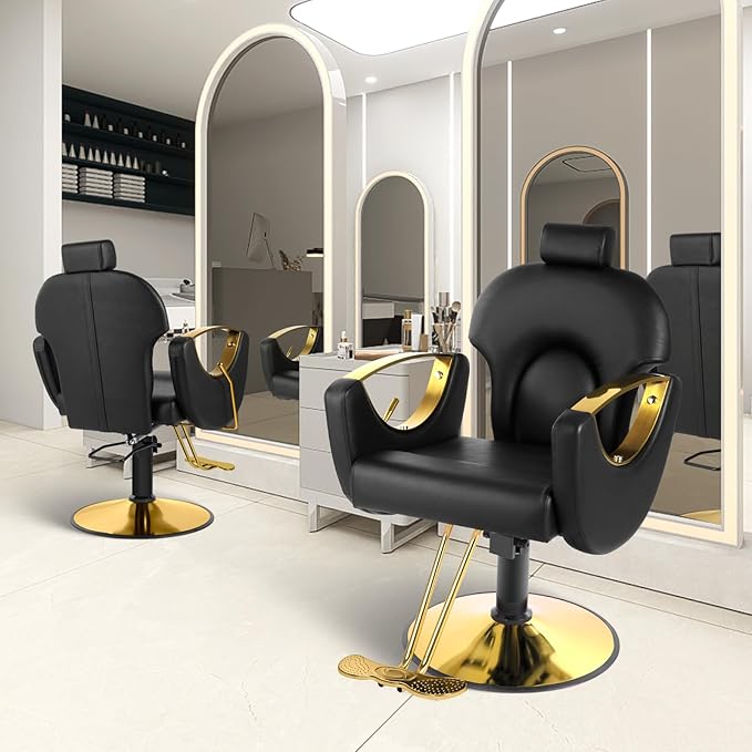 Salon Chair Reclining Barber Hair Chair for Hair Stylist with Heavy Duty Hydraulic Pump, 360 Swivel Styling Beauty Spa Tattoo Equipment for Home Barbershop, Black Gold
