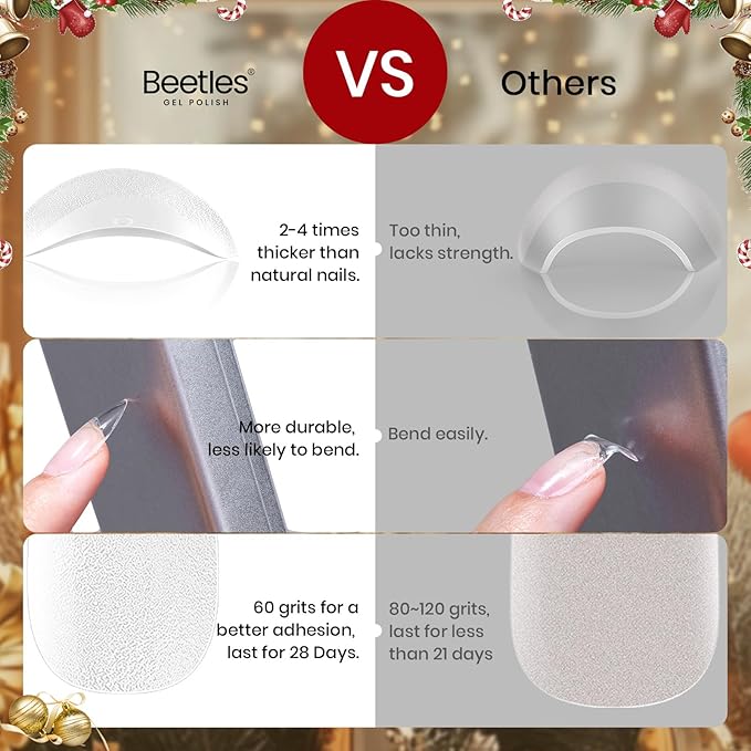 Beetles Gel Nail Tips Etch-X, Almond Short Christmas Limited Set, 288pcs 12 Sizes, Pre-Etched Half Matte Full Cover Soft Acrylic False Nail Tips Almond Shape Easy DIY Extension Salon Gift for Women