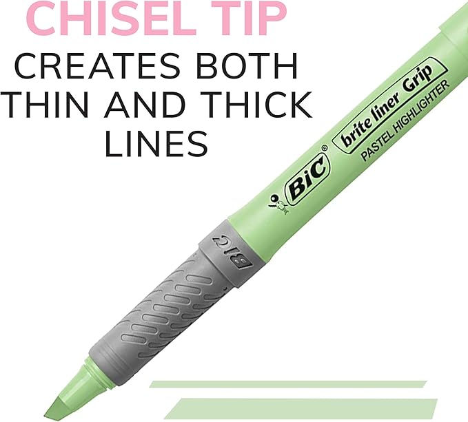 BIC Brite Liner Grip Pastel Highlighter Set, Chisel Tip, 12-Count Pack of Pastel Highlighters in Assorted Colors, Cute Highlighters for Bullet Journaling, Note Taking and More