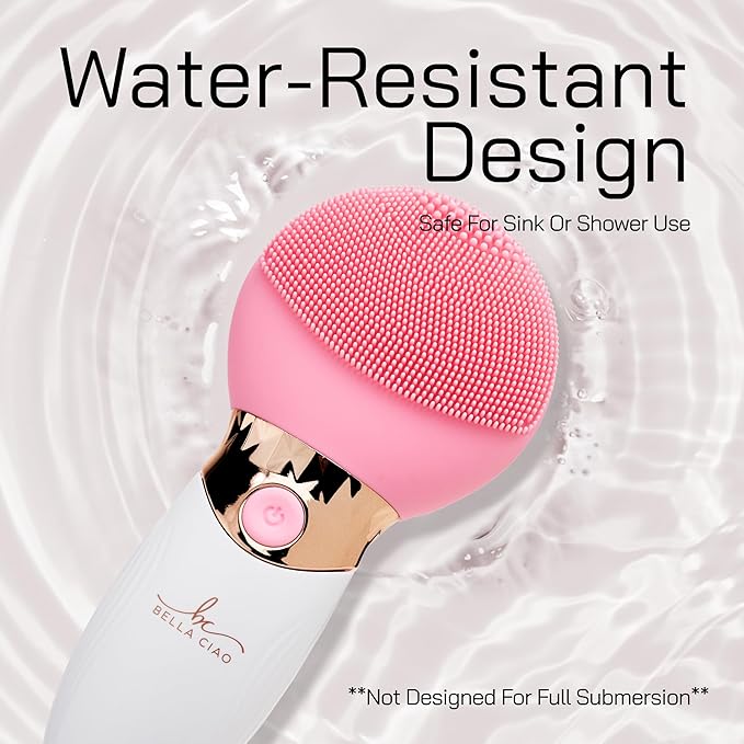 Bella Ciao Facial Cleansing Brush, Rechargeable Silicone Face Scrubber with 4 Massage Settings, Portable Deep-Cleaning and Exfoliating Brush with 2-Sided Head, IPX5 Water-Resistant, Includes Charger