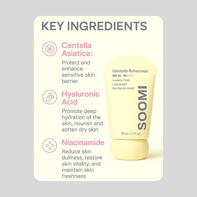 Soomi Skin Centella Sunscreen 50ml SPF 50 Centella Asiatica Korean Face Sunscreen for Sensitive Skin, No White Cast, Lightweight Hydrating Sun Protection, Skin Barrier Repair, Niacinamide
