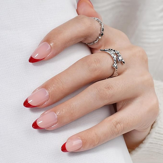 French Tip Press on Nails, Short Press on Nails Almond Reusable Glossy Red Nails Soft Gel False Nails Press ons for Women, 16 Sizes 32 Count Nails Kit with Glue (SV-12)