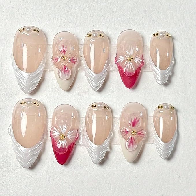 10Pcs Pink French Tip Almond Shaped 3D Floral Pearl Rhinestone Full Cover Tip Glue On Nails