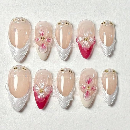 10Pcs Pink French Tip Almond Shaped 3D Floral Pearl Rhinestone Full Cover Tip Glue On Nails