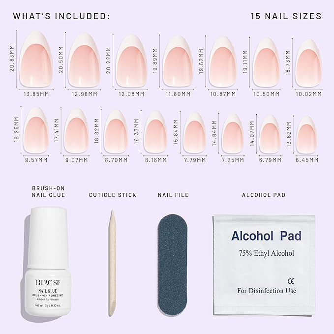 Lilac St - Press on Nails, Boudoir (30 Nails, 15 Sizes) - Medium, Almond, Glossy, Opaque - Brush-On Nail Glue, Nail File, Cuticle Stick, Prep Pad - Cruelty Free, Vegan, Women Founded