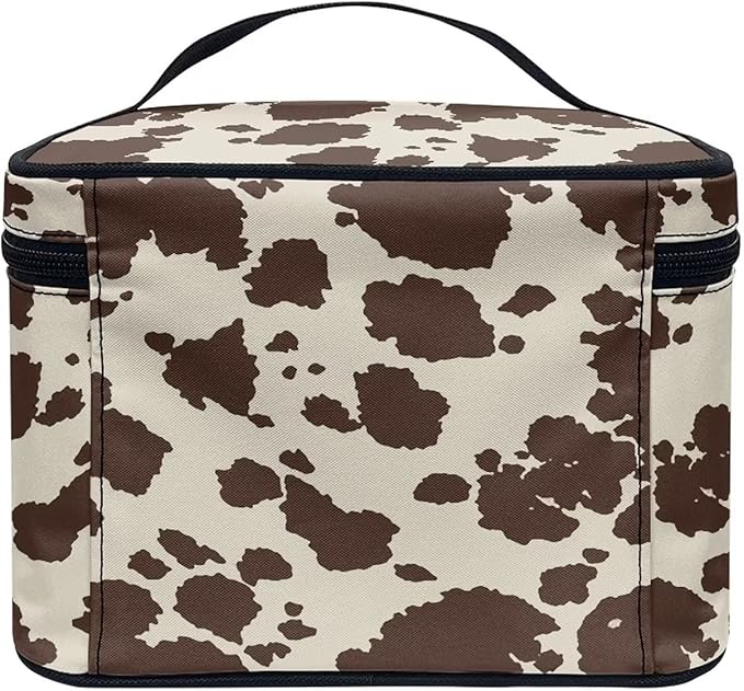 Cute Brown Cow Cowhide Design Travel Makeup Bags for Women and Portable Tote Cosmetic Case with Carry Handle Toiletry Accessories Storage Organizer Bags