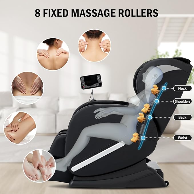 Massage Chair Full Body, Zero Gravity Massage Recliner with Air Pressure, 8 Fixed Points Massage Rollers, Heating, Foot Roller, LCD Screen Control, Home Office Use