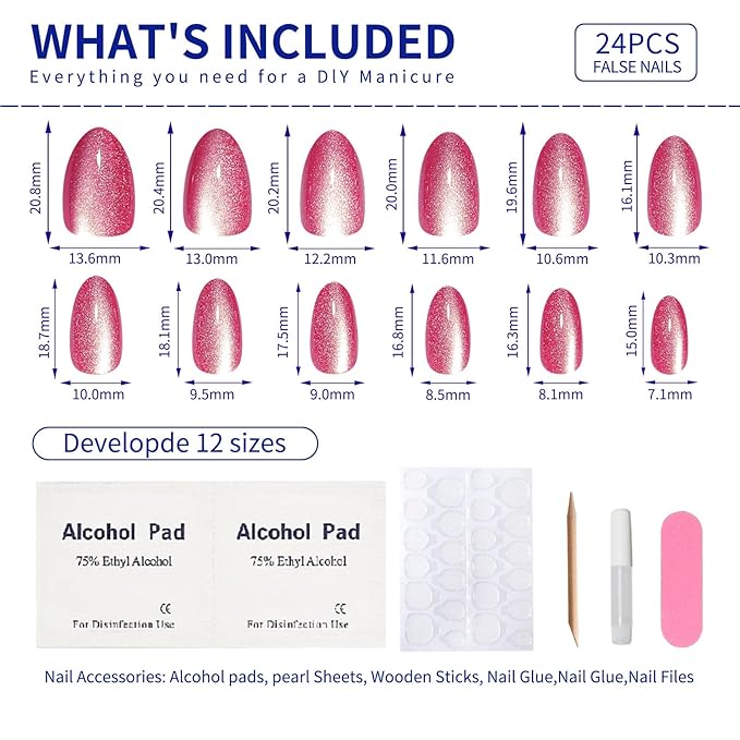 Red Almond Press On Nails Short Cat Eye Press on Nails with Glue for Women Ashionable Gel False Nails Reusable Acrylic False Nails Women's Glitter Nails Glue On Nails Kit, Plum Red