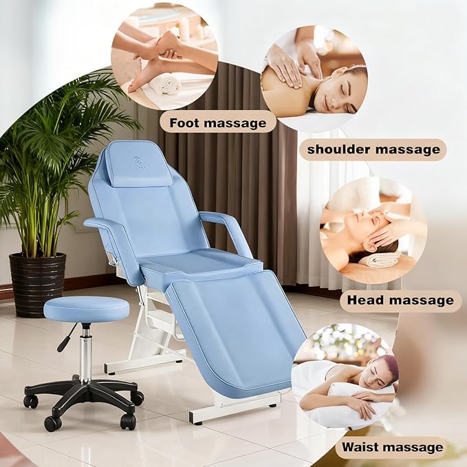Facial Chair Massage Table 73in 3-Section Multipurpose Massage Bed Professional Tattoo Table Salon Spa Equipment for Facial Spa Beauty Spa Salon Equipment-Light Blue
