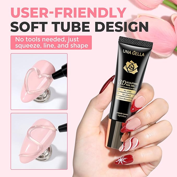 UNA GELLA 3D Gel Nail Art, 3D Nail Gel Sculpting G el Glue 15g 4 in 1 No Wipe Clear Nail Polish for Nails Tips, Chrome Powder, Nail Charms Gems, Drawing and DIY Christmas Nail Art Lamp Curing Needed