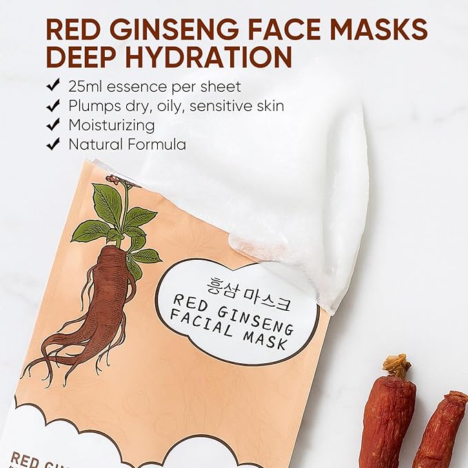 10Pack Sheet Face Masks Skincare for All Skin Types, Moisturizing Hydrating Face Masks Suitable for Sensitive Skin, Red Ginseng Face Masks for Wrinkles, Fine-Lines, Firmness and Elasticity