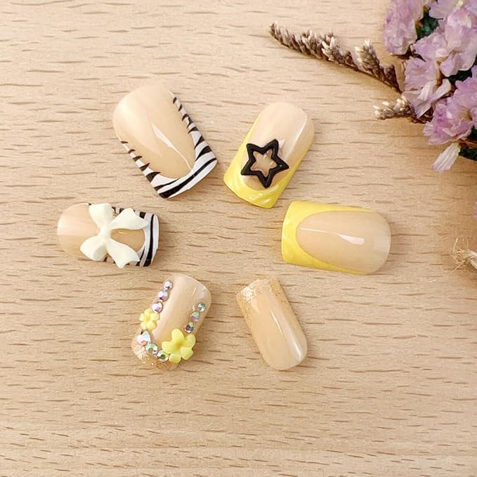 Short Square Press on Nails Bow Fake Nails French Tips False Nails Zebra Print 3D Bow Flower Star with Rhinestone Design Cute Stick on Nail Acrylic Artificial Nail for Women Decor Manicure Accessories